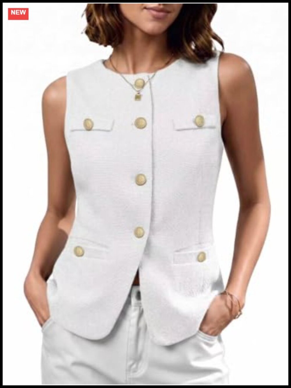 Tweed Vest Button Front Sleeveless Waistcoat Tailored Layering Top